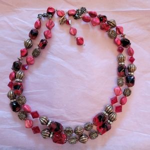 Vintage Vendome Double-Strand Red & Pink Beaded Necklace ~ Mid Century Glam!